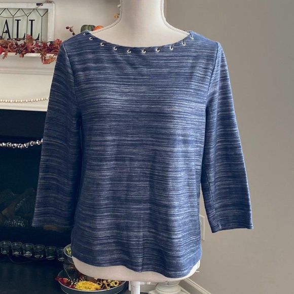 Chico's Blue Marled Top with Leather Lace Up at Neckline Size Small (Chico's 1) - Picture 1 of 8
